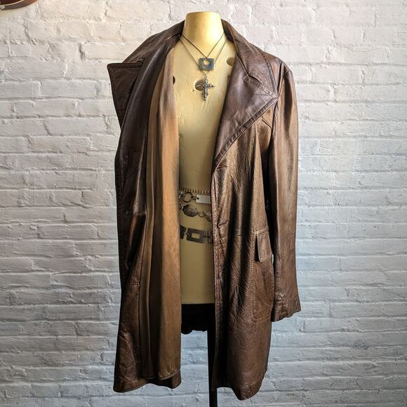 Vintage Brown Leather Jacket Western Trench Coat Earthy Cowboy Minimalist Coat L - Picture 5 of 10